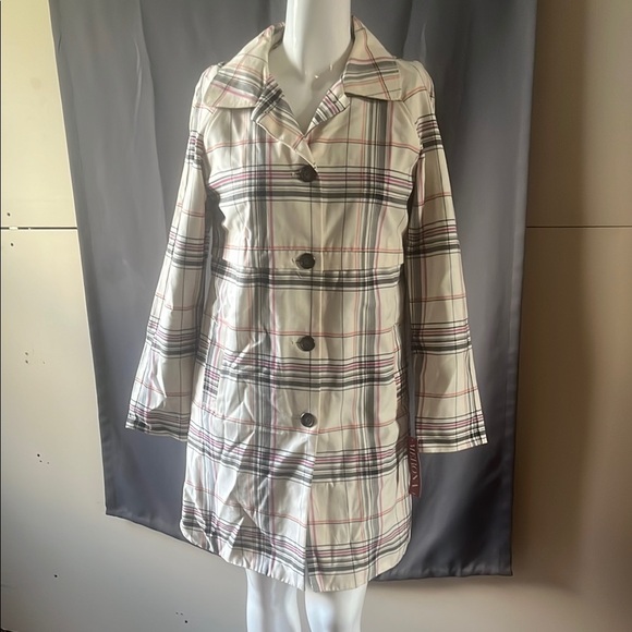 Merona Cream and Black Trench Coat with Plaid Design - Picture 1 of 9
